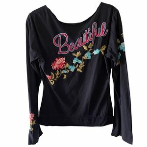 Johnny Was Black Embroidered Knit LS Shirt Small